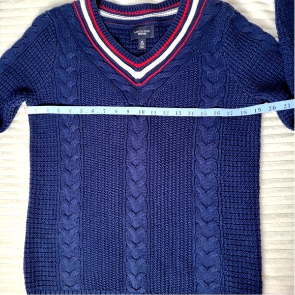 Lands' End Navy Cable Knit Sweater M Preppy V-Neck Striped Trim Drifter‎ 10-12 - Picture 4 of 9